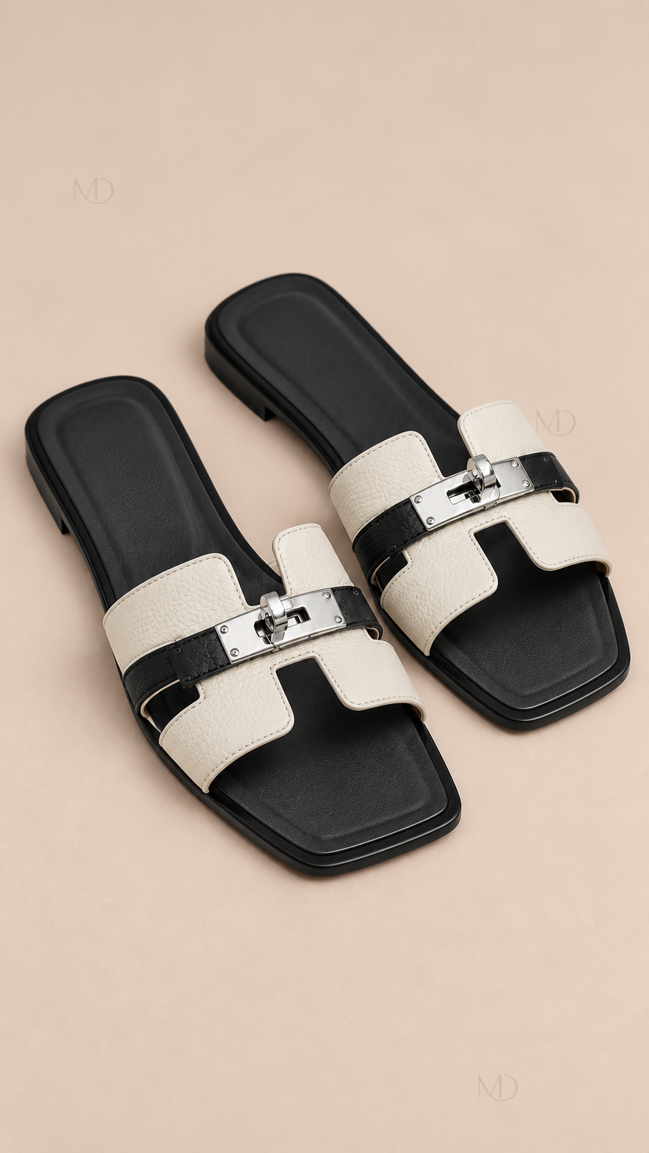 Odette Buckle Flat Slides — Off-White Black product only