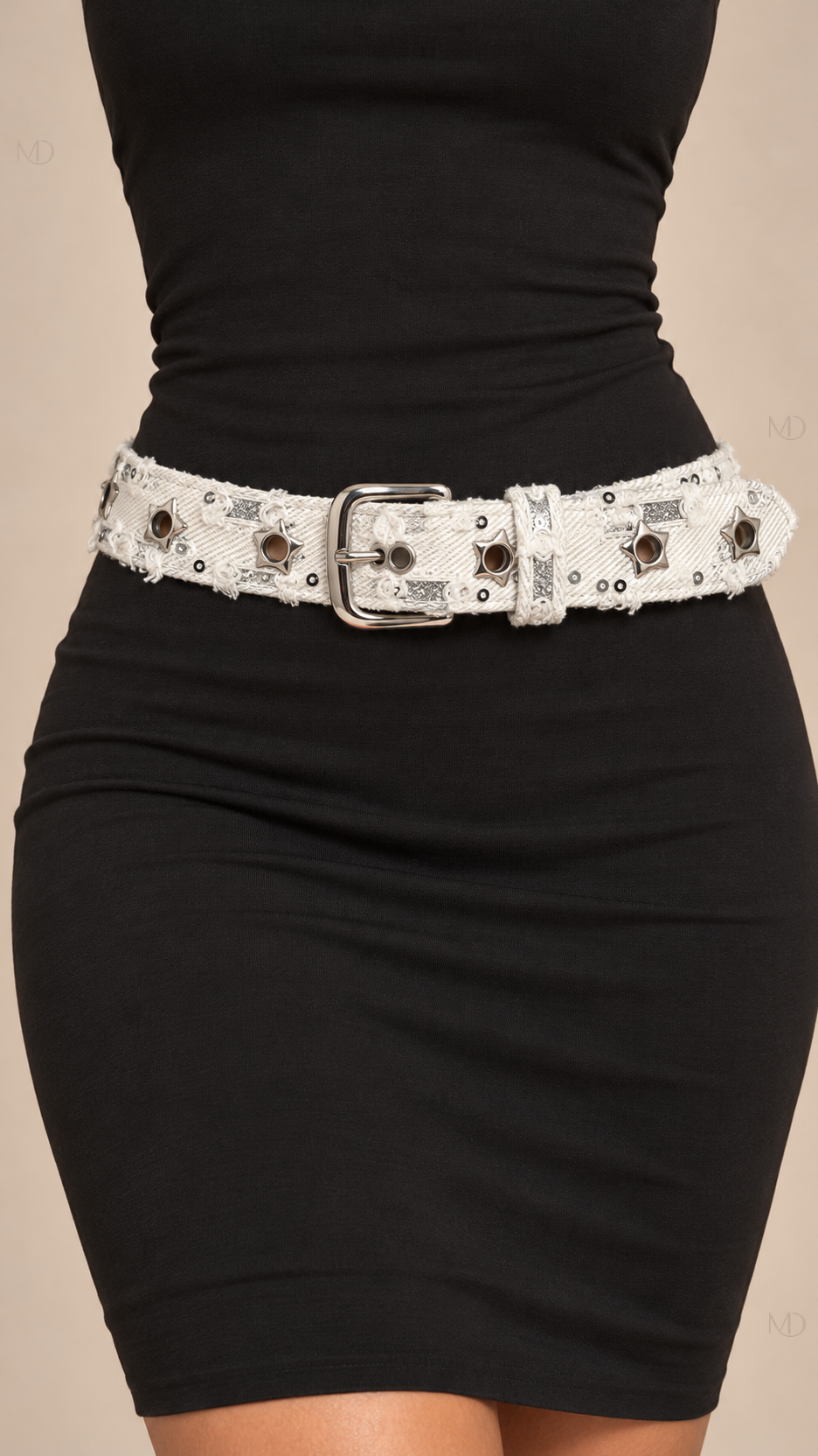 Cosima Star-Rivet Belt — Off-White Denim worn closeup