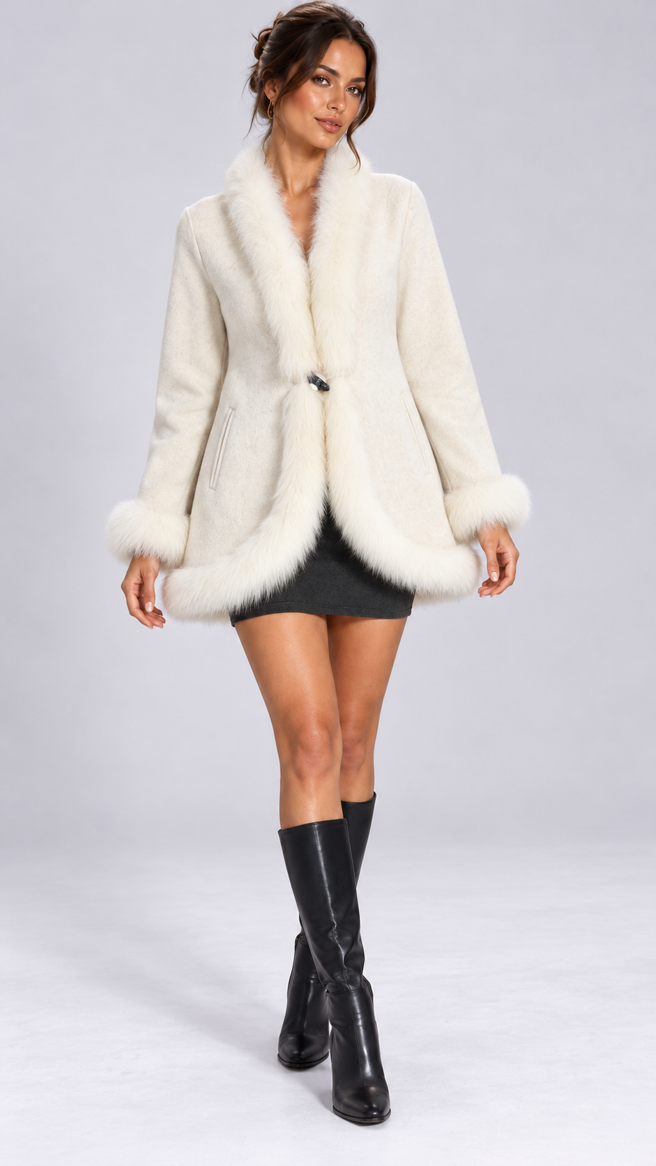 Sabine Fox-Cuff Wool Coat — Off-white model front