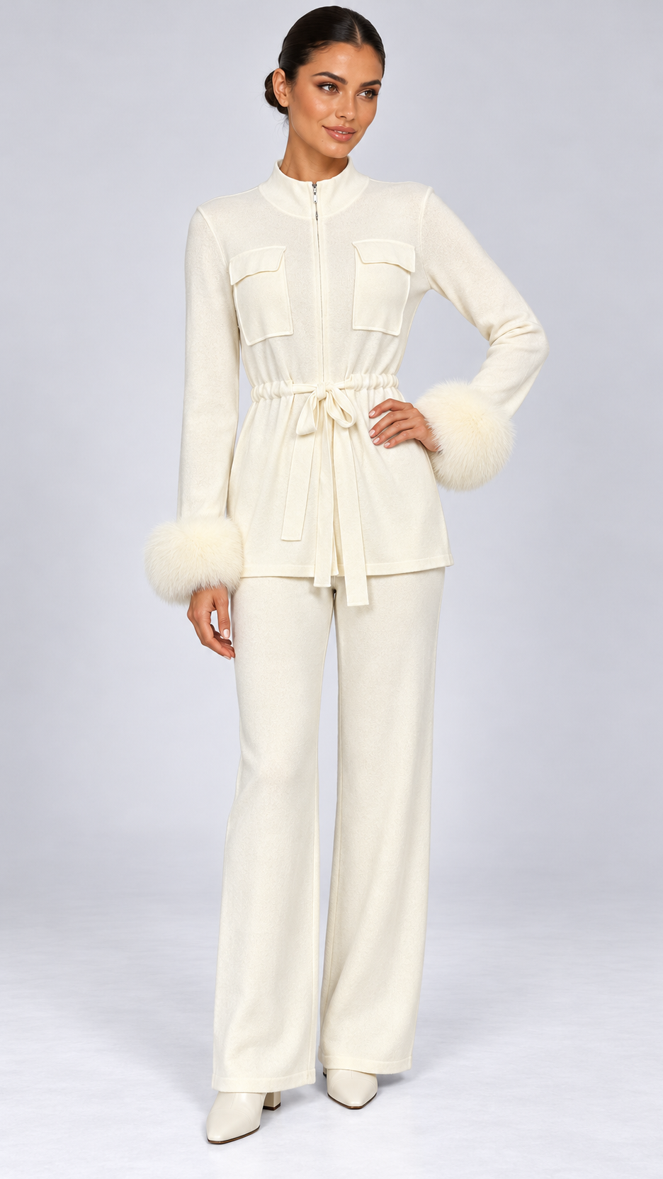 Solveig Tie-Waist Fur Set — Off-white model front