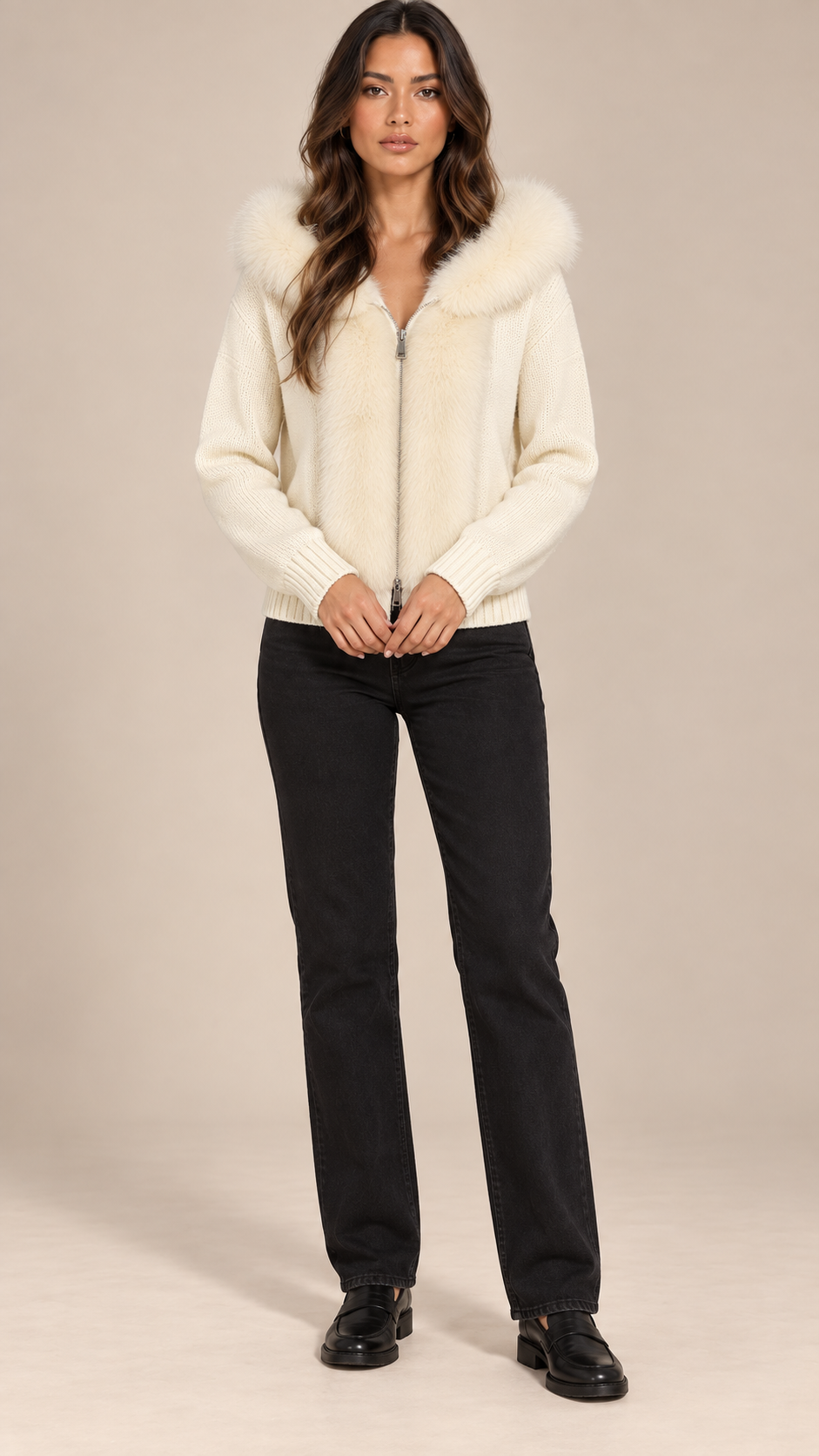 Sable Fox-Collar Cardigan — Off-White model front