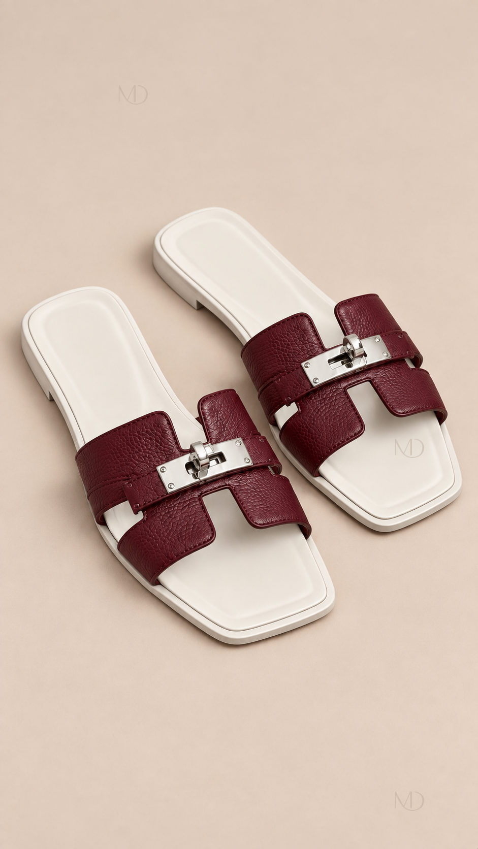 Odette Buckle Flat Slides — Palm White Burgundy product only