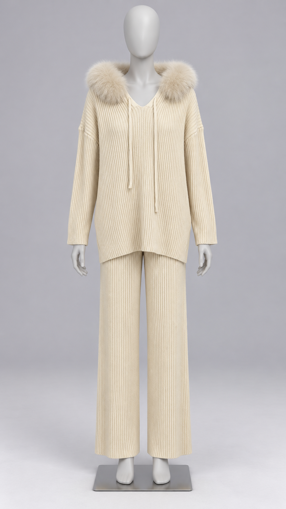 Wilma Fox-Hood Knit Set — Pearl White mannequin front