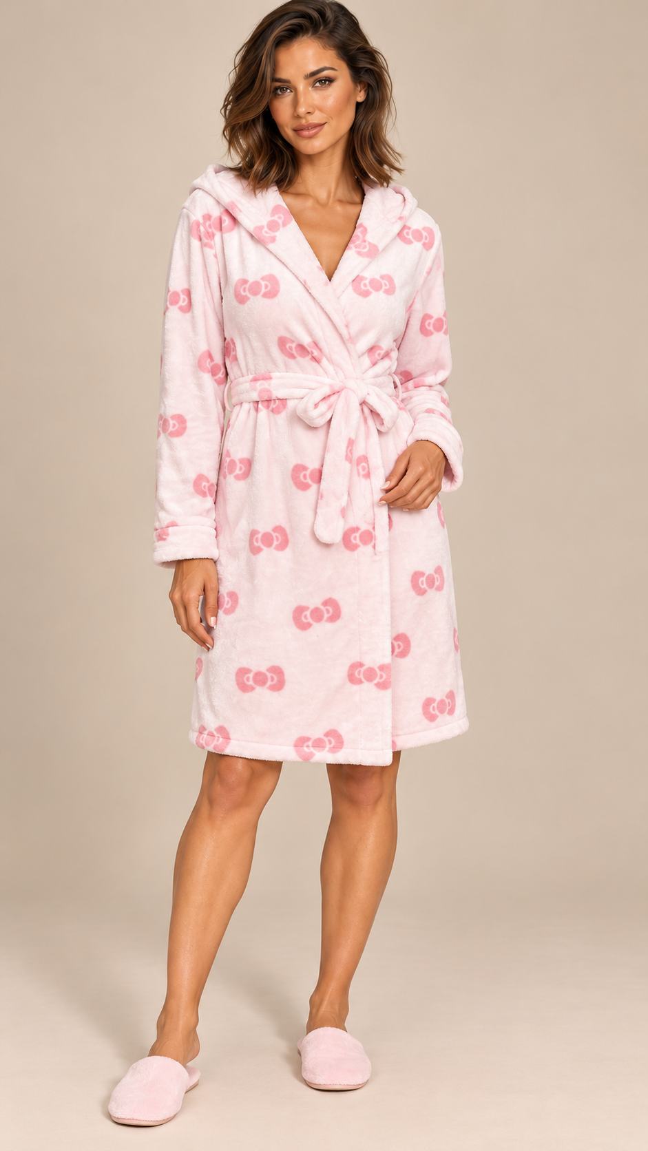 Rosamund Hooded Robe — Pink Bow model front