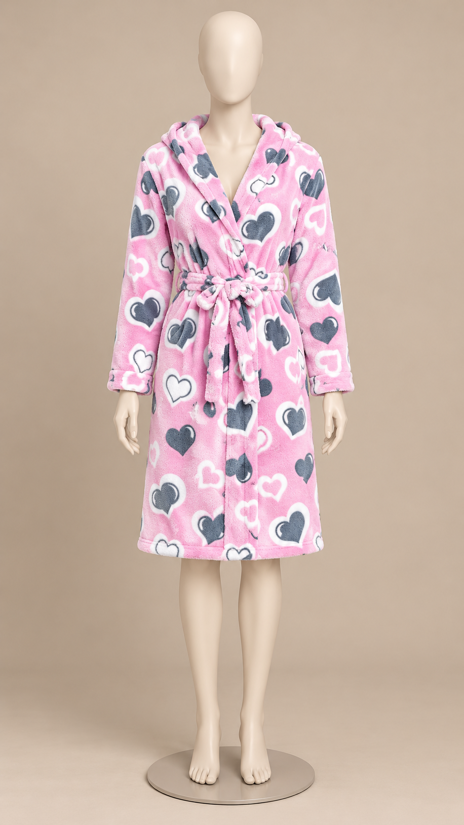 Rosamund Hooded Robe — Pink Heart mannequin front