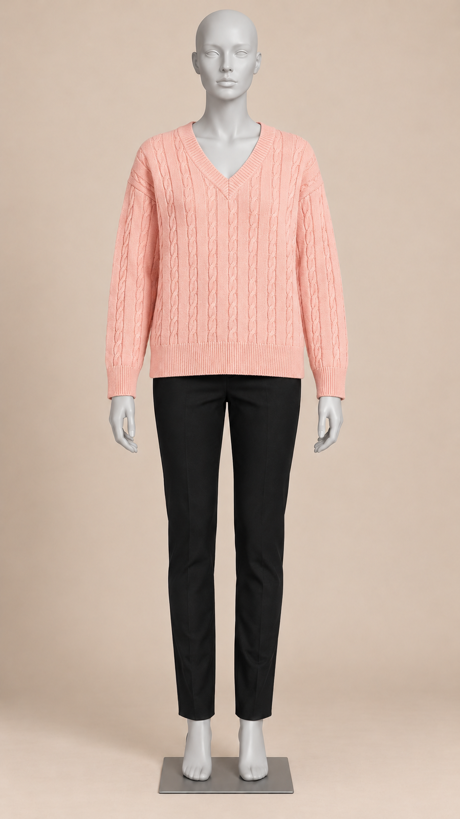 Marit Cable V-Neck Sweater — Pink mannequin front