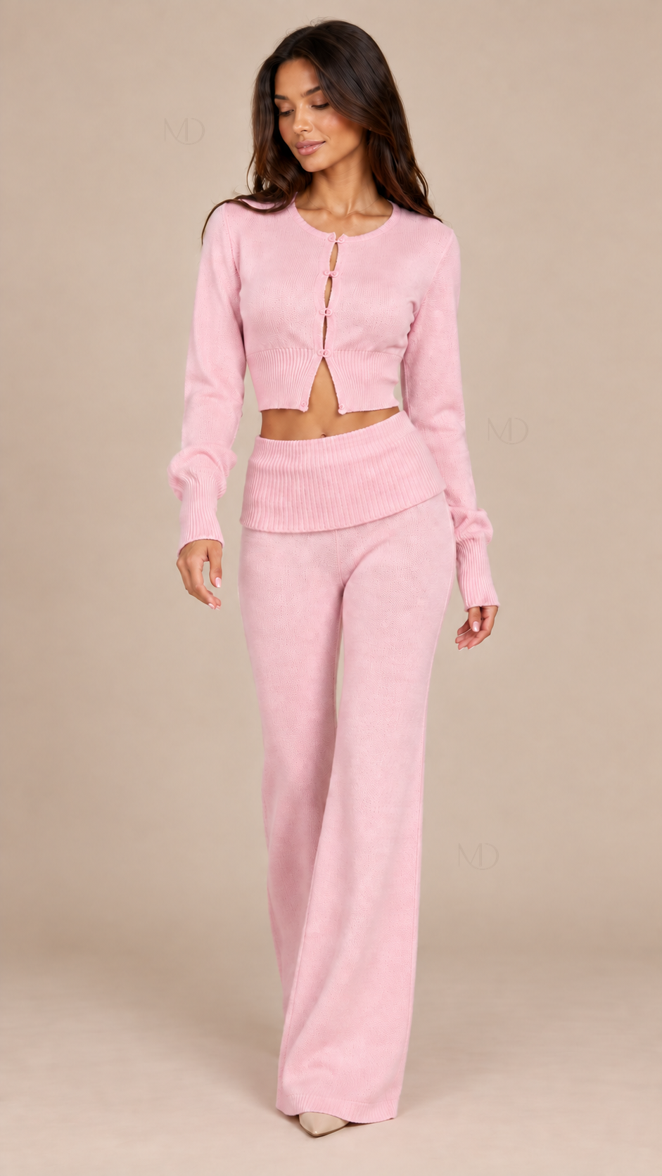 Mila Cropped Cardigan Pants Set — Pink model front