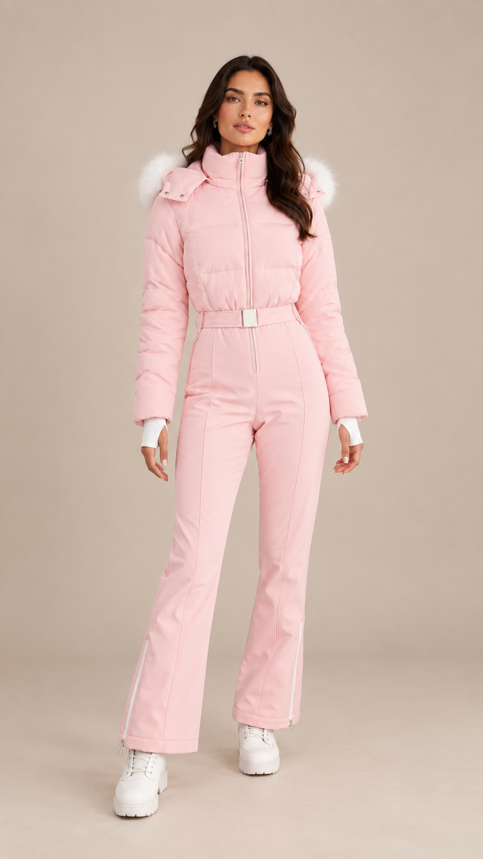Aspen Fringed Ski Suit — Pink model front