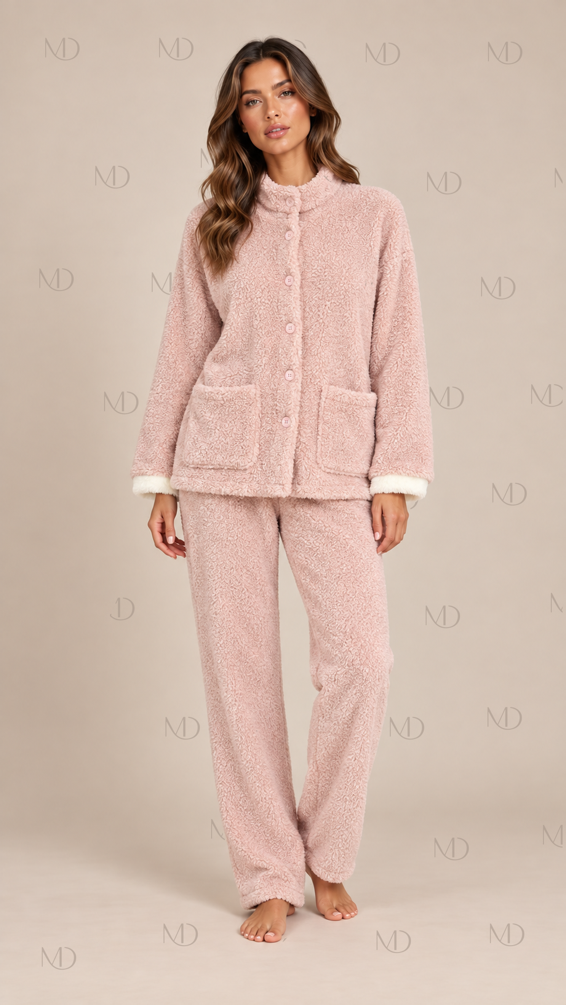 Wren Fleece Cardigan Pajama Set — Pink model front
