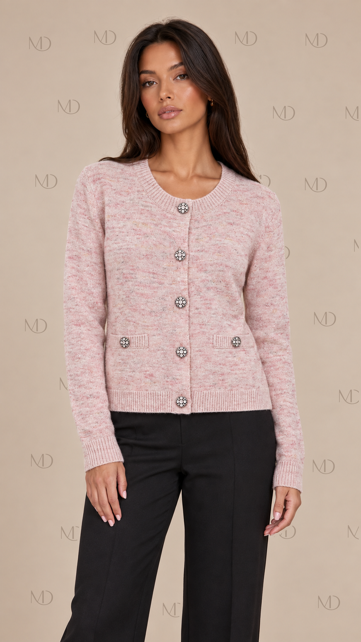 Camille Tweed Knit Cardigan — Pink model front