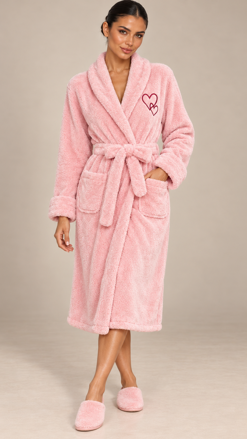 Clarabel Heart-Stitch Robe — Pink model front