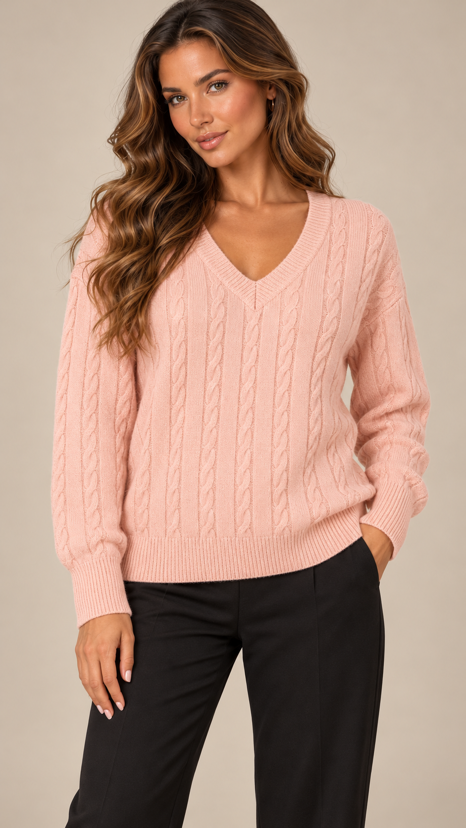 Marit Cable V-Neck Sweater — Pink model front