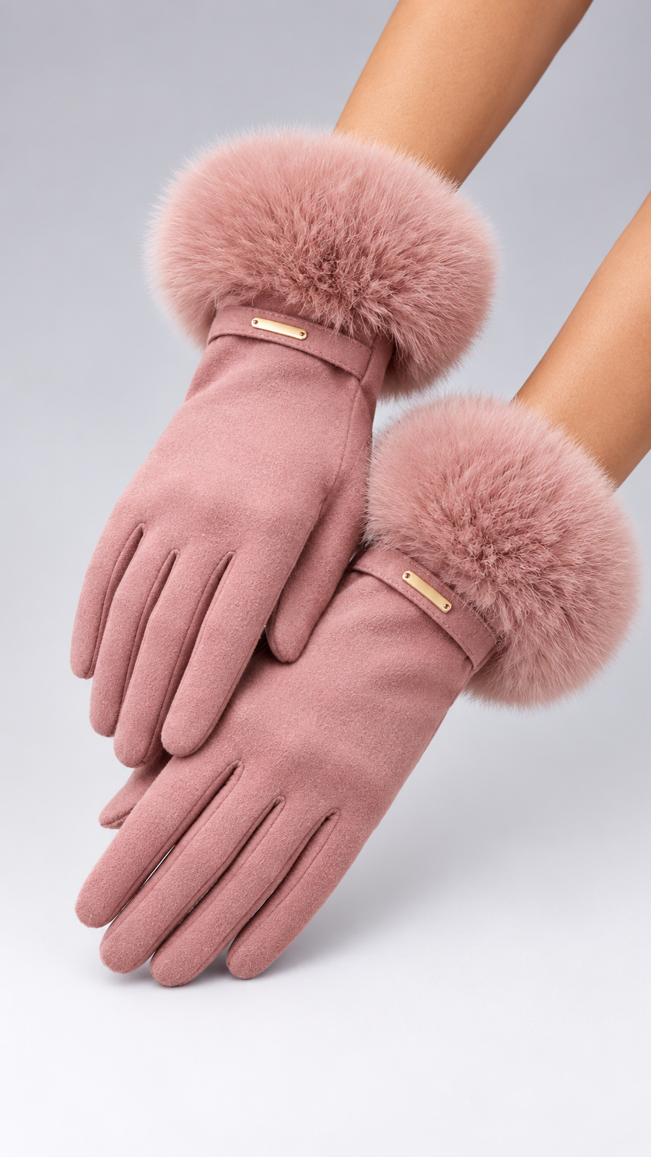 Albertine Plush-Cuff Gloves — Pink worn closeup
