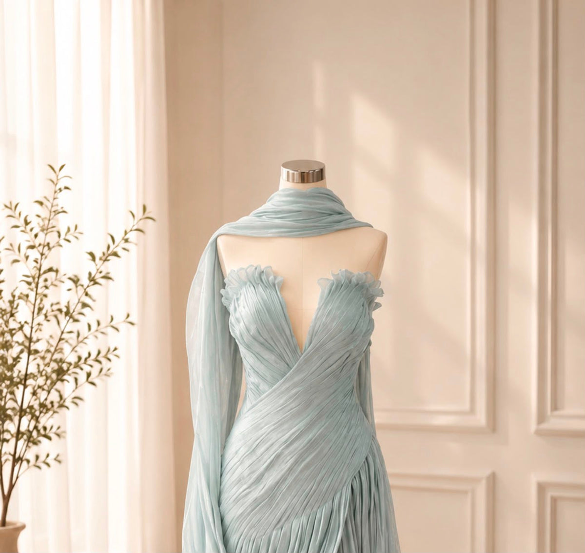 Pleated Chiffon Fishtail Gown