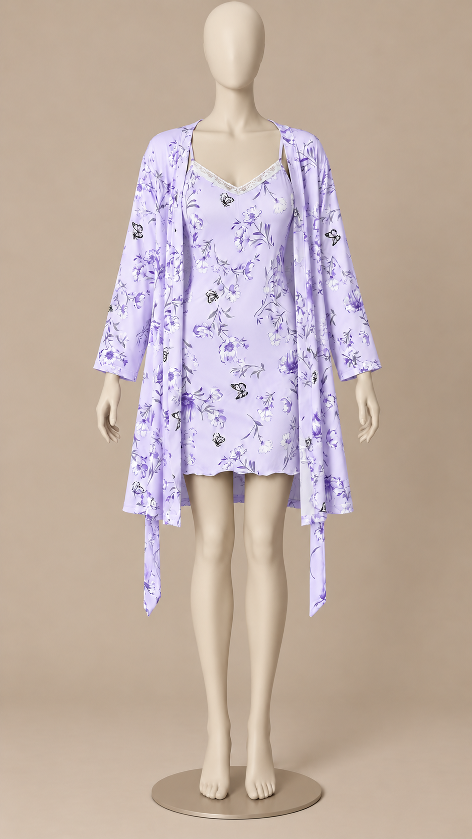 Corinna Butterfly Robe Set — Purple Floral mannequin front