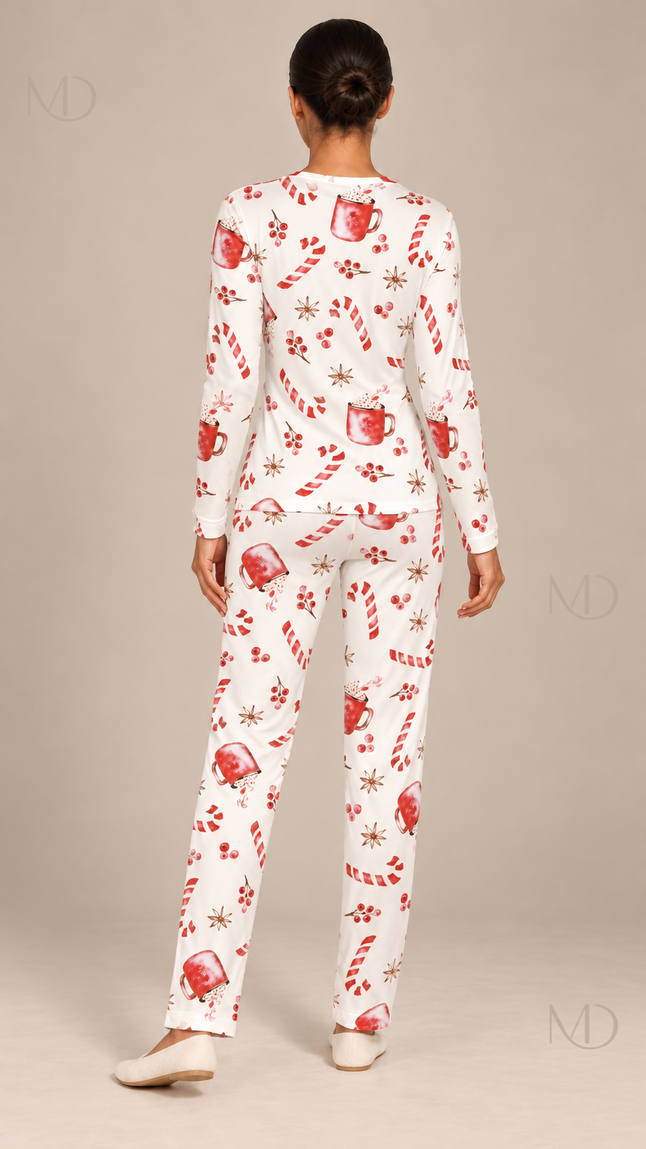 Marlowe Candy-Cane Pajama Set — Red flower on white background model back