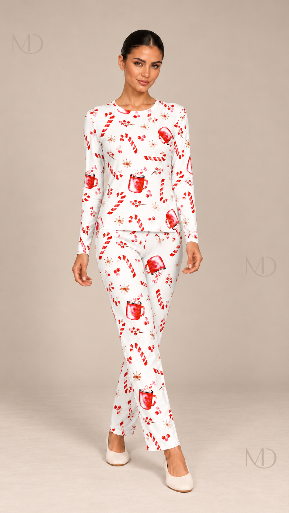 Marlowe Candy-Cane Pajama Set — Red flower on white background model front