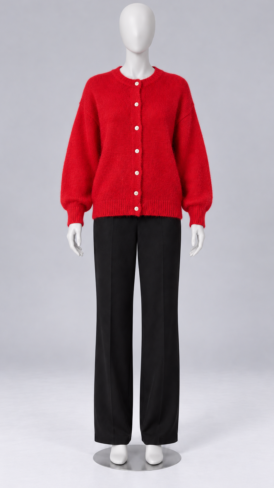 Celestine Shell-Button Cardigan — Red mannequin front