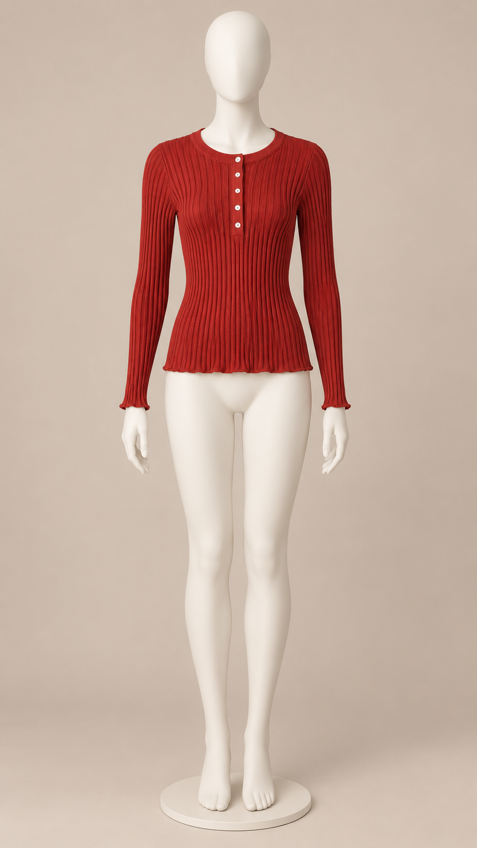 Fenella Ribbed Button Top — Red mannequin front