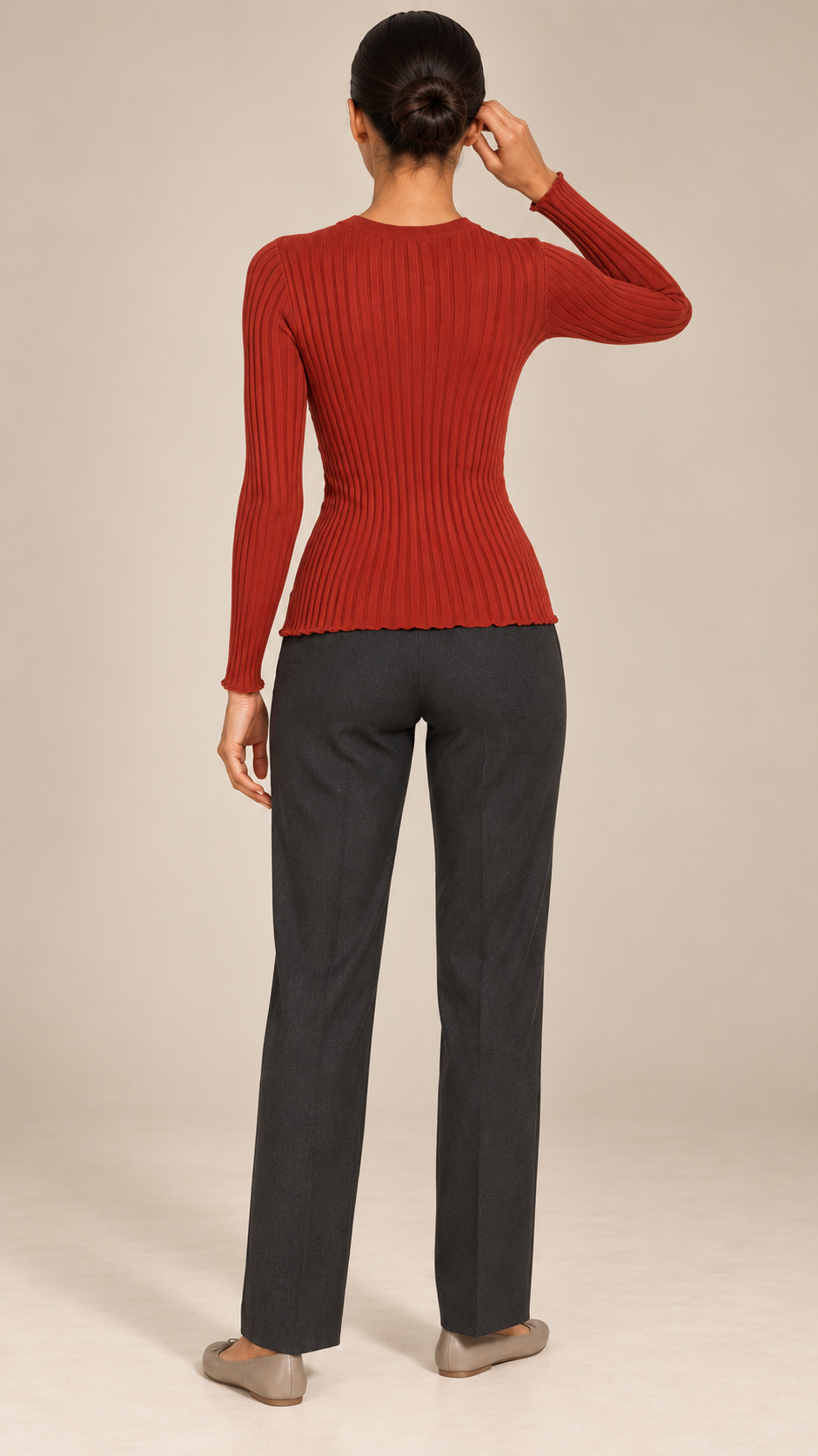 Fenella Ribbed Button Top — Red model back