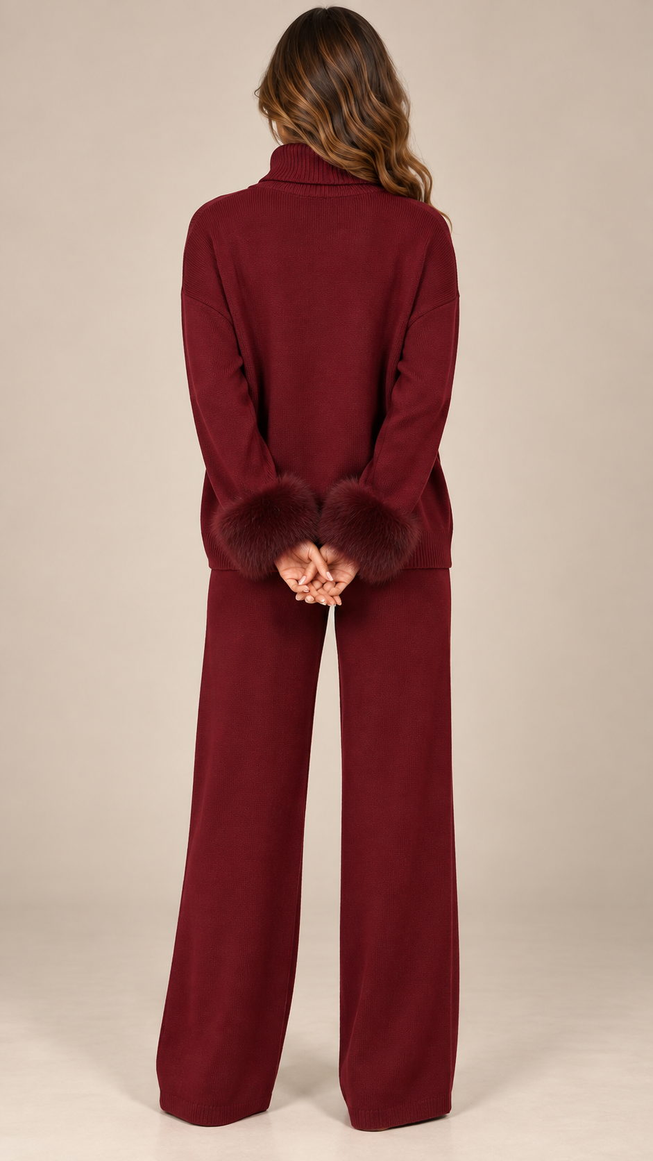 Noor Fur-Pom Knit Set — Red model back