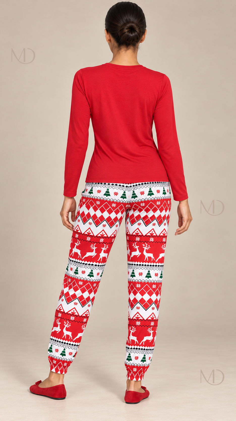 Noemi Reindeer Pajama Set — Red model back