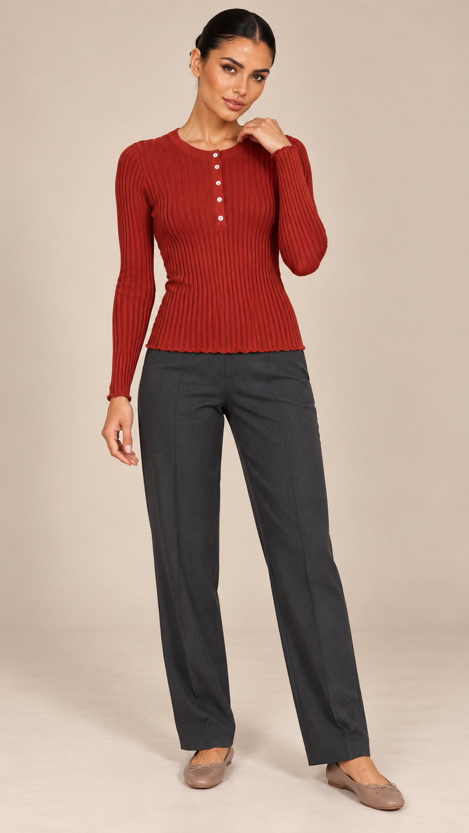 Fenella Ribbed Button Top — Red model front