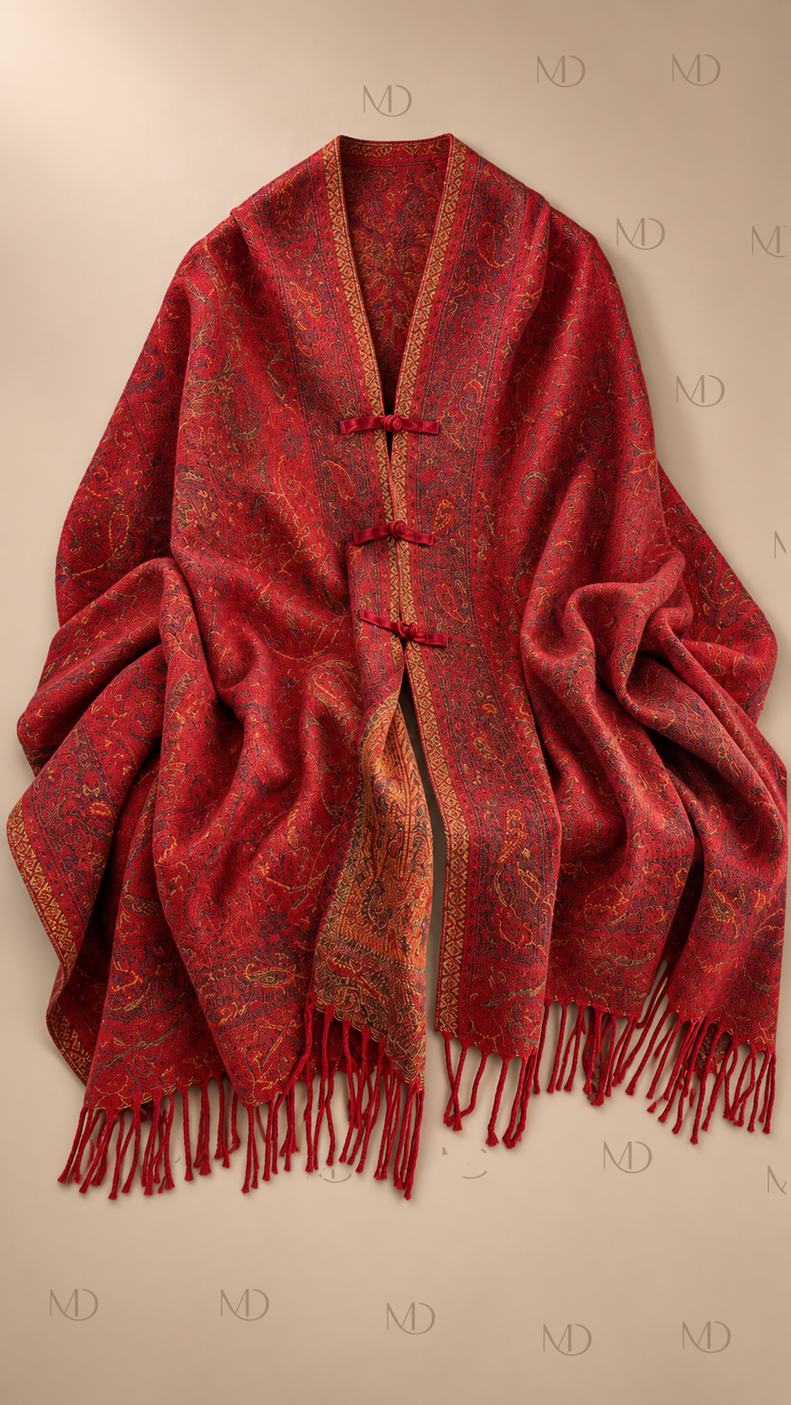 Meiling Paisley Frog-Button Shawl — Red product only