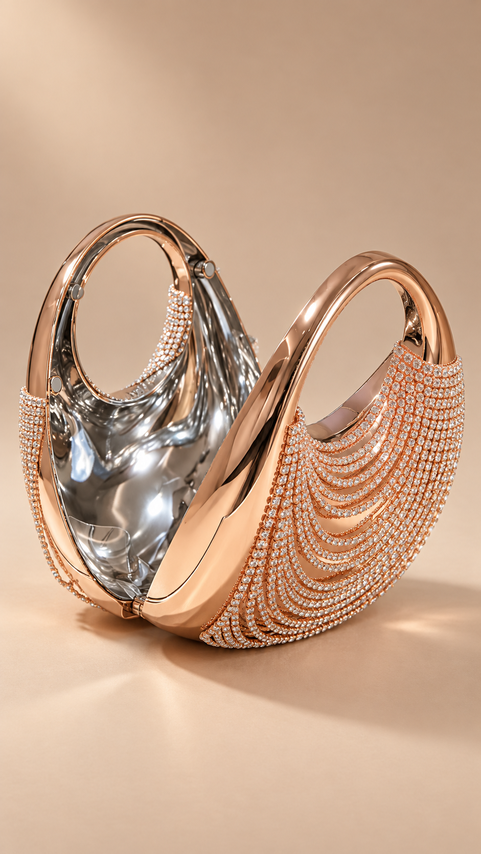 Ondine Draped Crystal Clutch — Rose gold product open