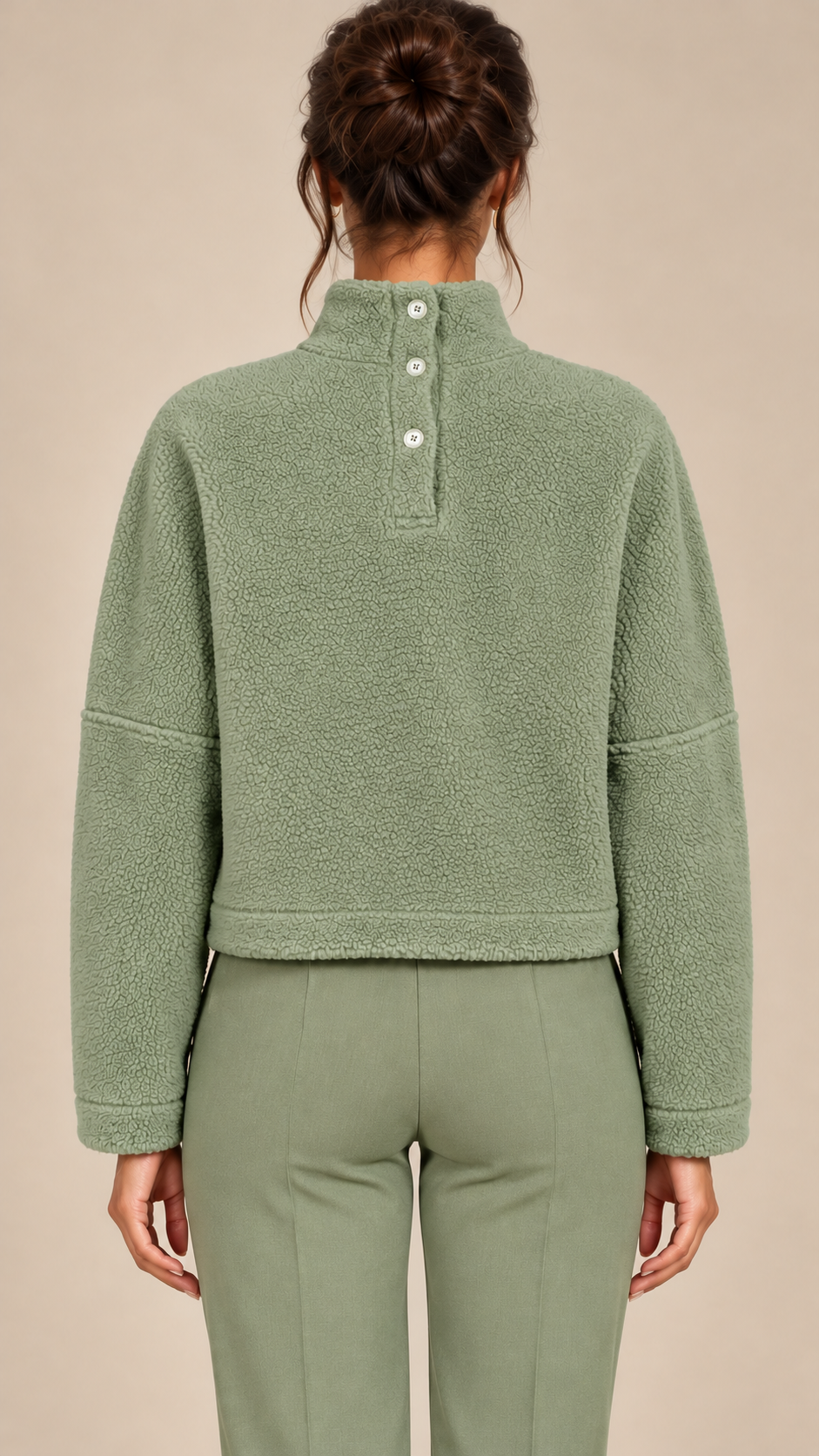 Ilse Mock-Neck Fleece Crop — Sage Green model back