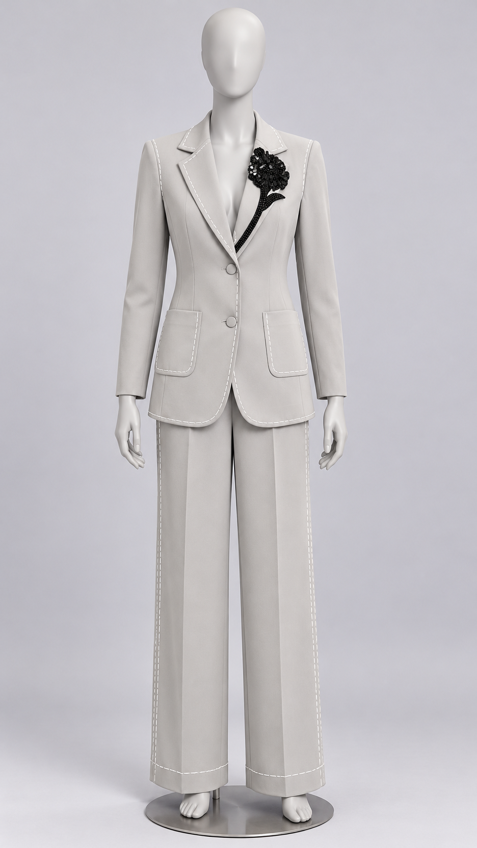 Elinor Saddle-Stitch Suit — Silver gray mannequin front