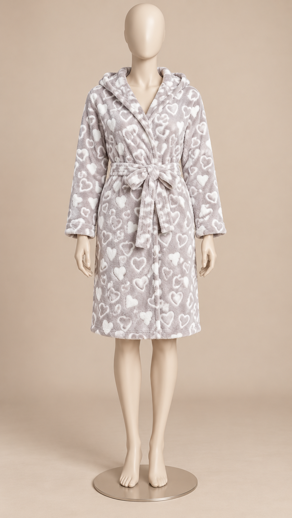 Rosamund Hooded Robe — Silver Heart mannequin front