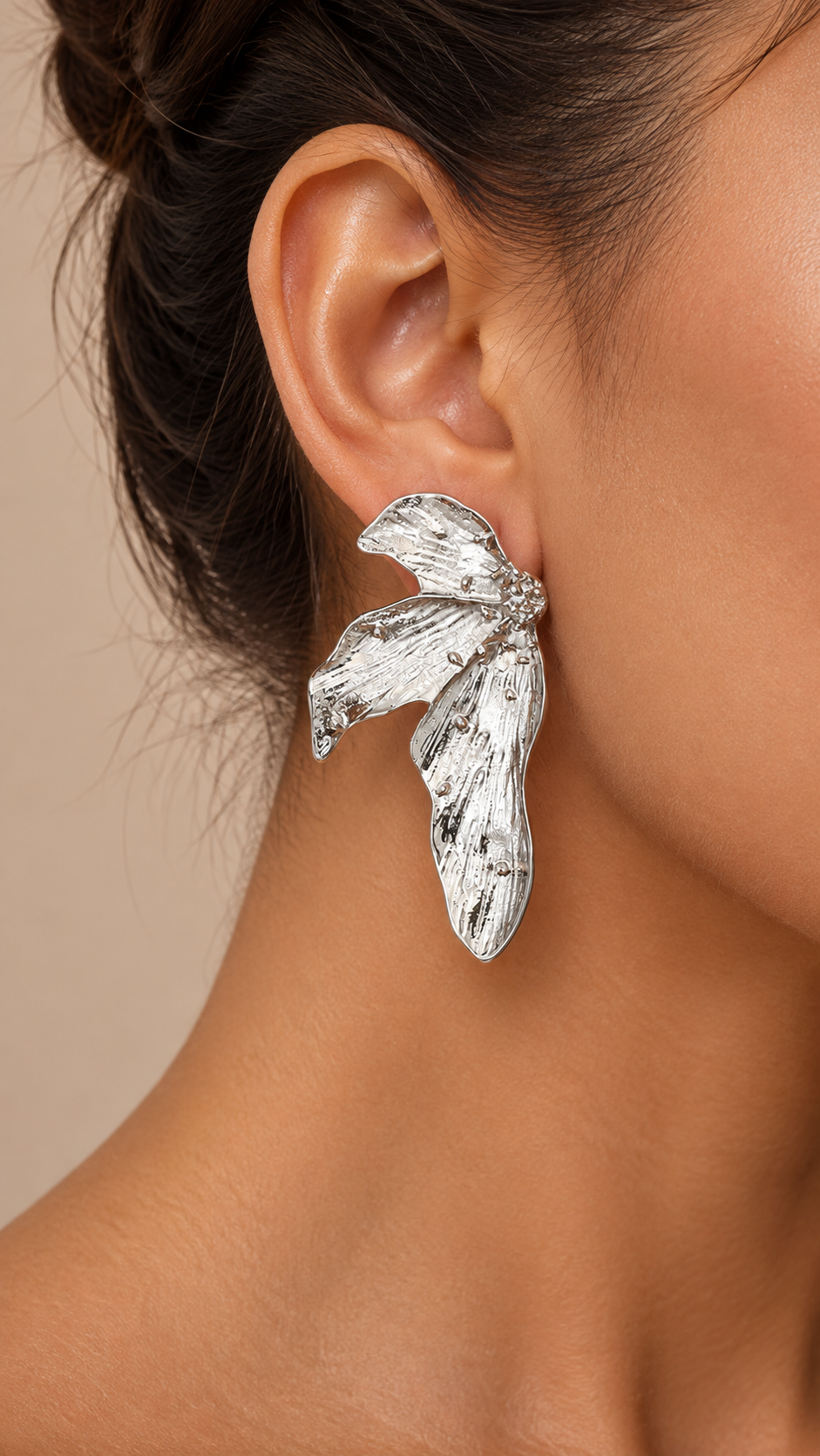 Fleur Leaf Drop Earrings — Silver worn closeup