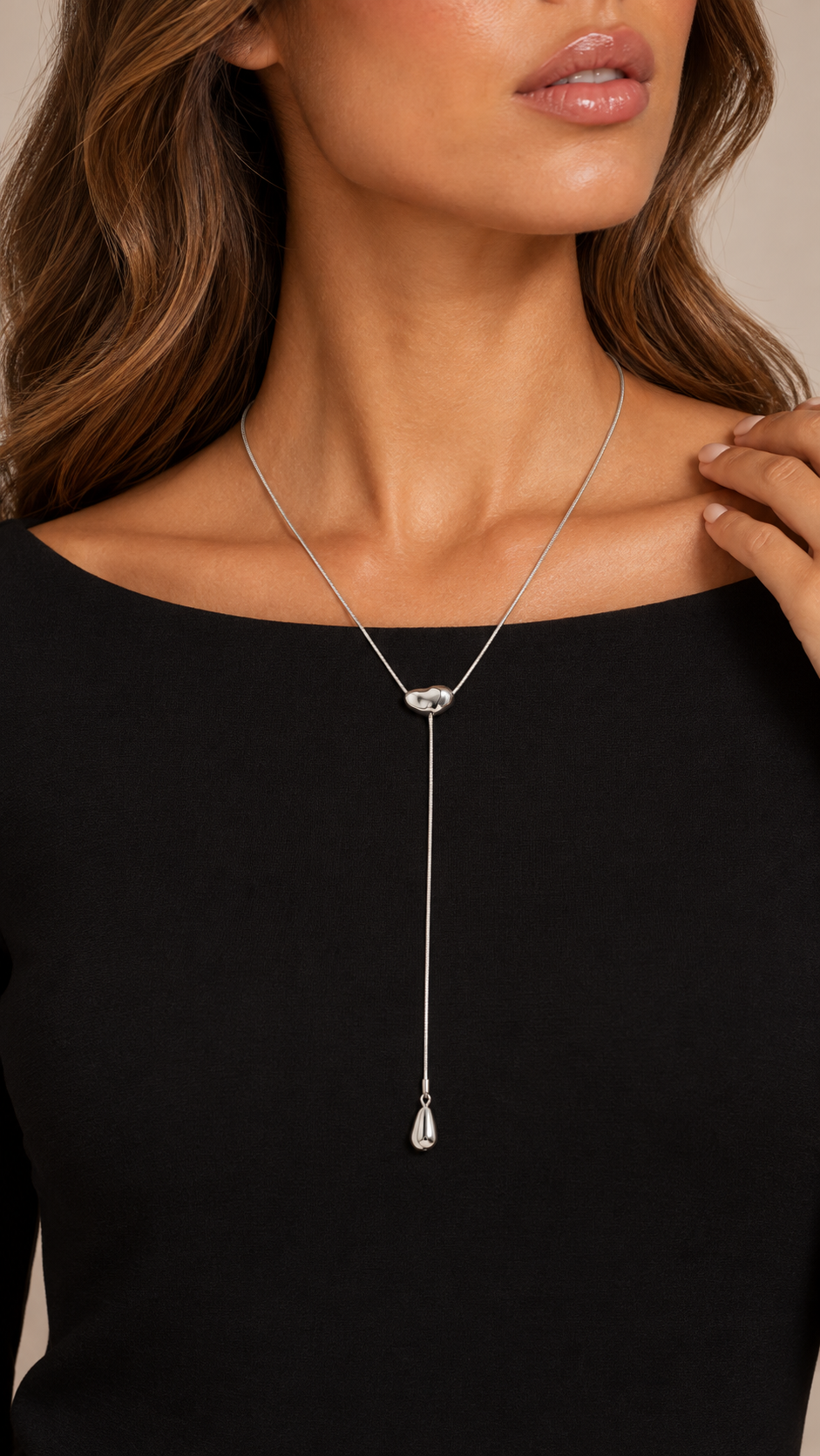 Sable Lariat Drop Necklace — Silver worn closeup