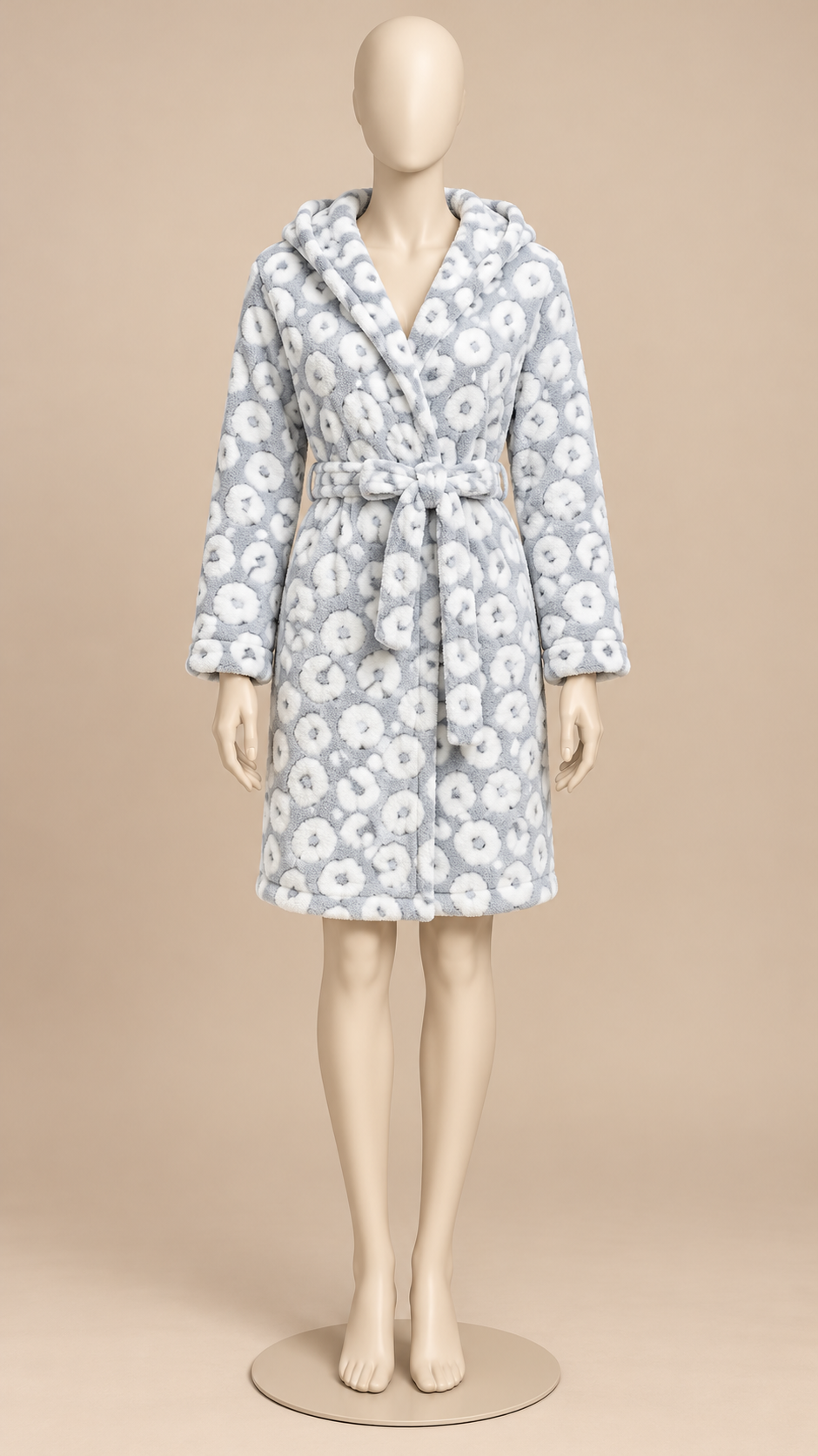 Rosamund Hooded Robe — Snow Leopard mannequin front