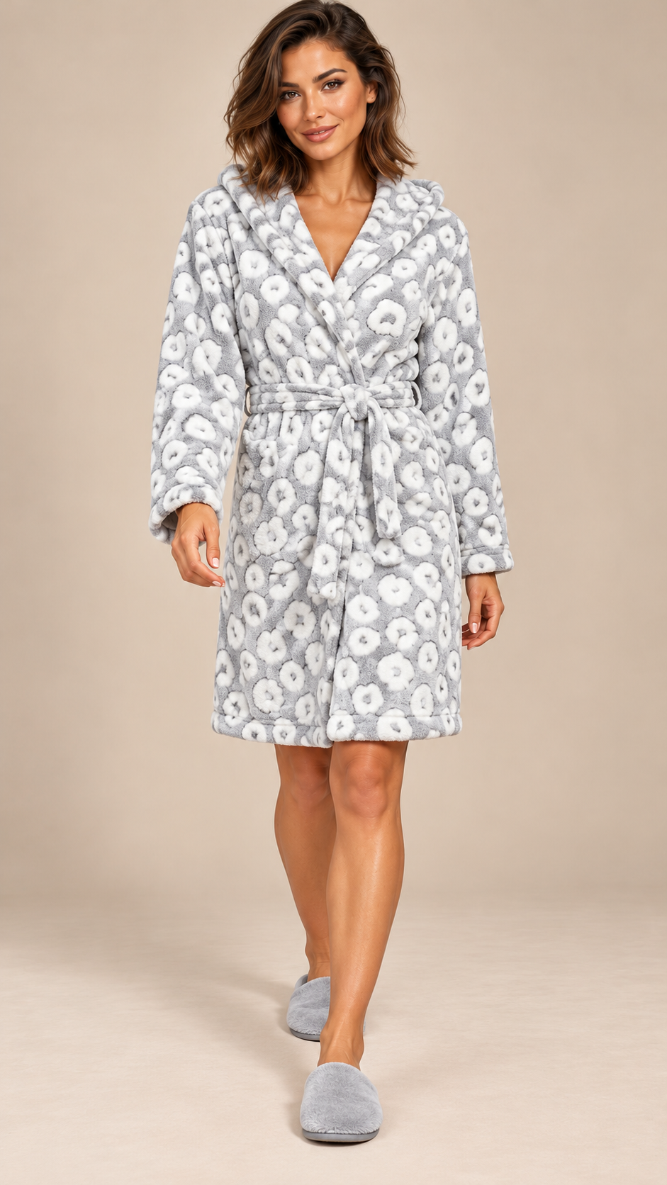 Rosamund Hooded Robe — Snow Leopard model front