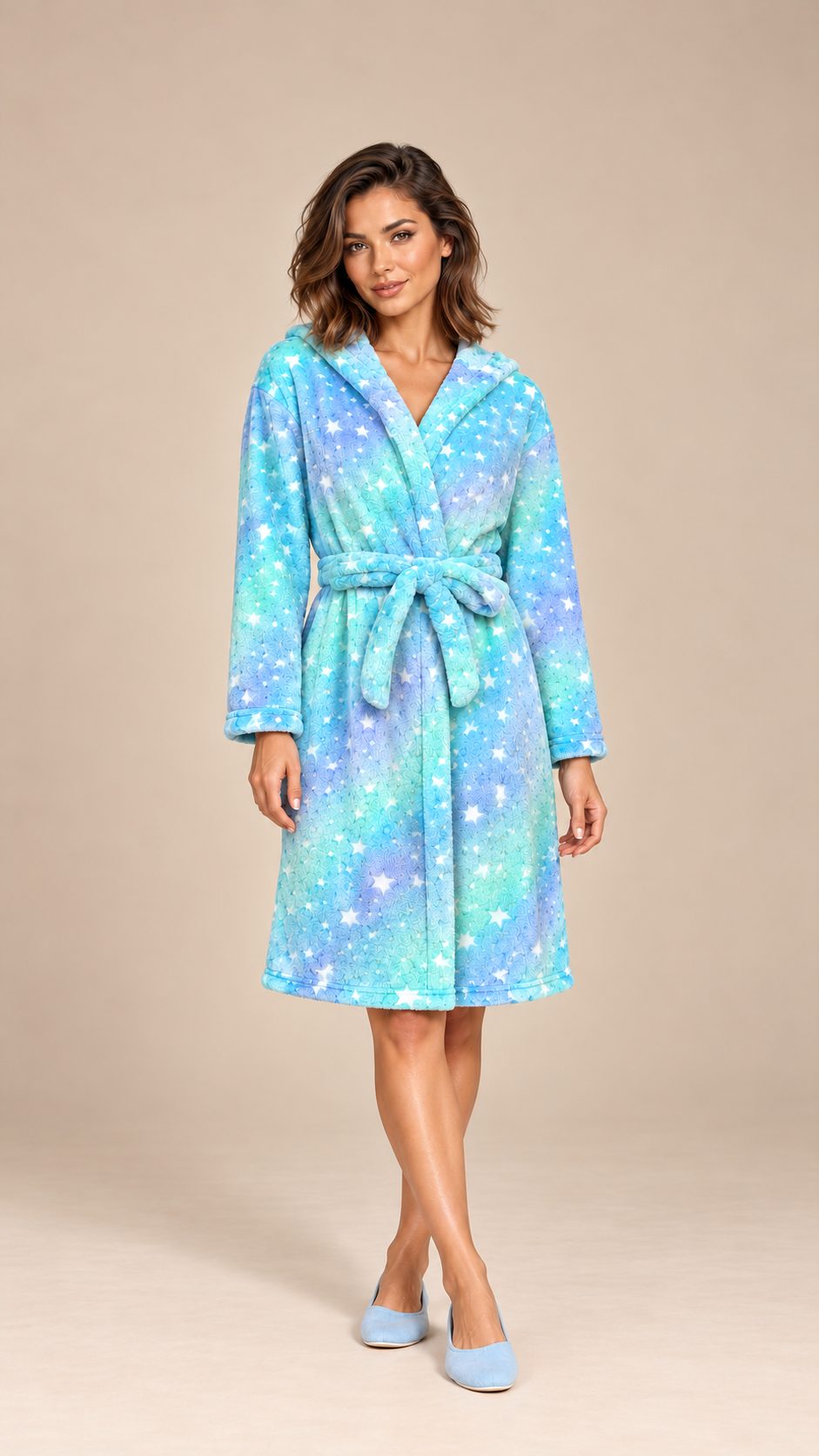 Rosamund Hooded Robe — Star Blue model front
