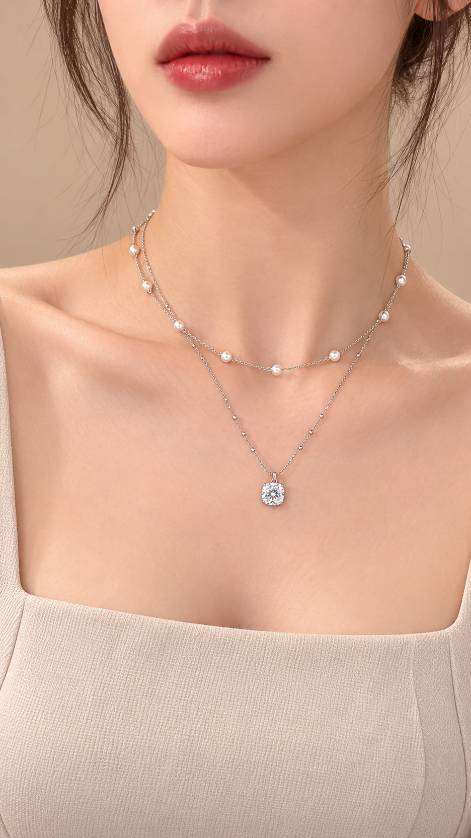 Sucre Double Layer Necklace - Silver worn model close-up