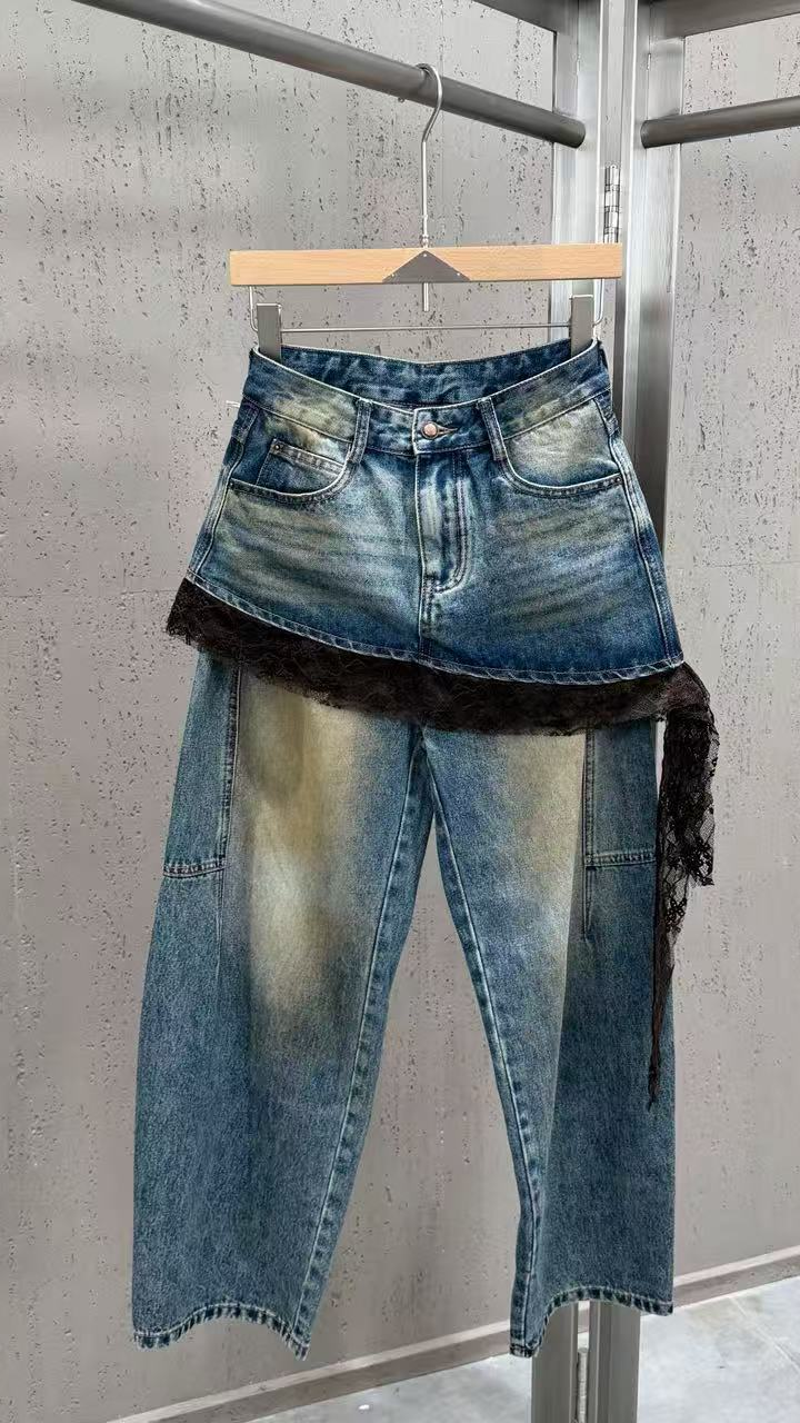 2026 fall/winter cross-border design: lace-trimmed denim jeans for women - loose fit, slimming, straight leg, blue floral lace long pants — 1
