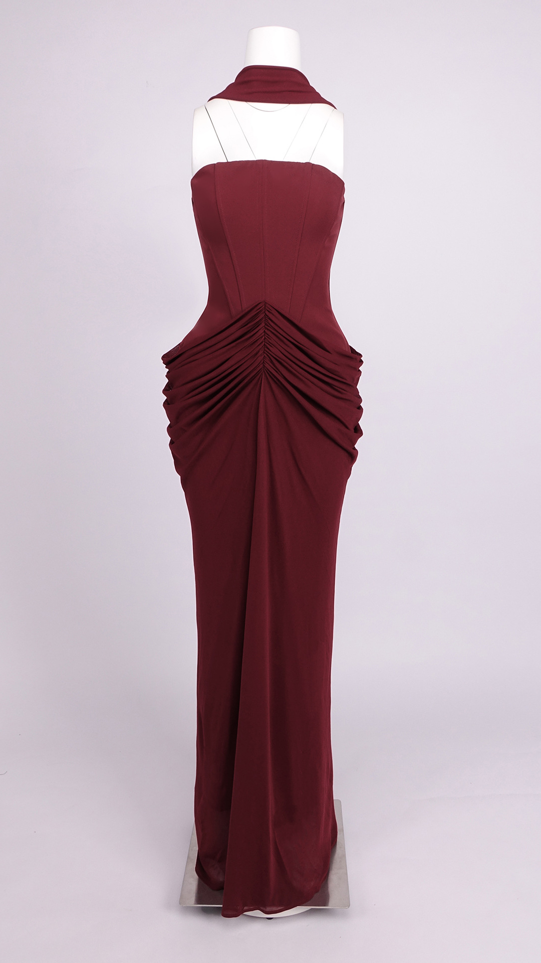 Ready-to-ship | premium burgundy bandeau waist-cinching slimming long evening gown - perfect for women's banquets, weddings, and bridesmaids — 5