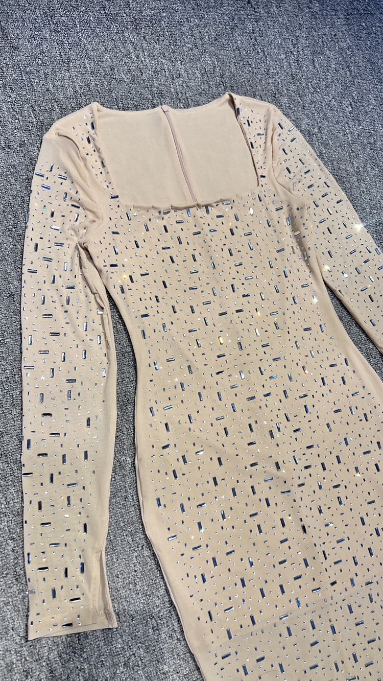 Cross-Border European and American Heavy-Duty Hot Girl Rhinestone Nude See-Through Sexy Slim Long-Sleeved Dress Long Skirt Banquet Evening Dress — 14