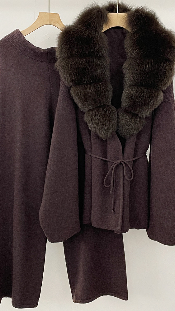 Fall and winternew arrivalslimming lookelegantclassysensetwo-piece set women's tie back waist real fox fur collar knitting shirtsuit — 25
