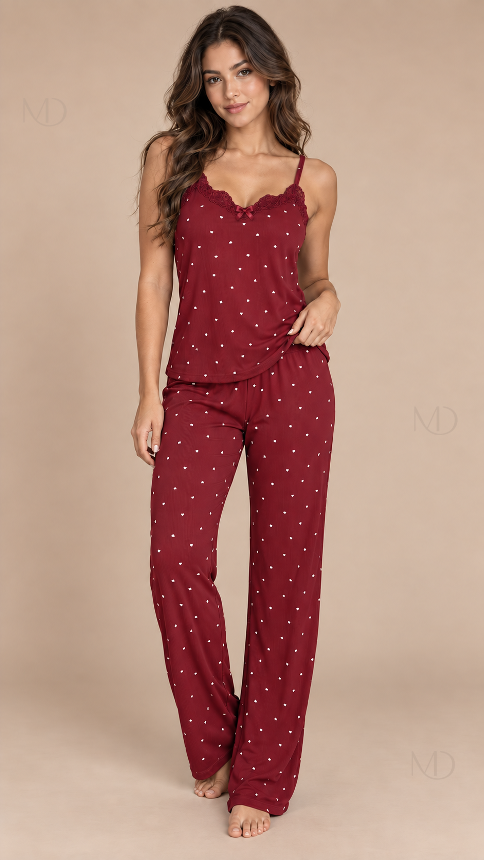 Talia Dotted Cami Set Wine Red model front