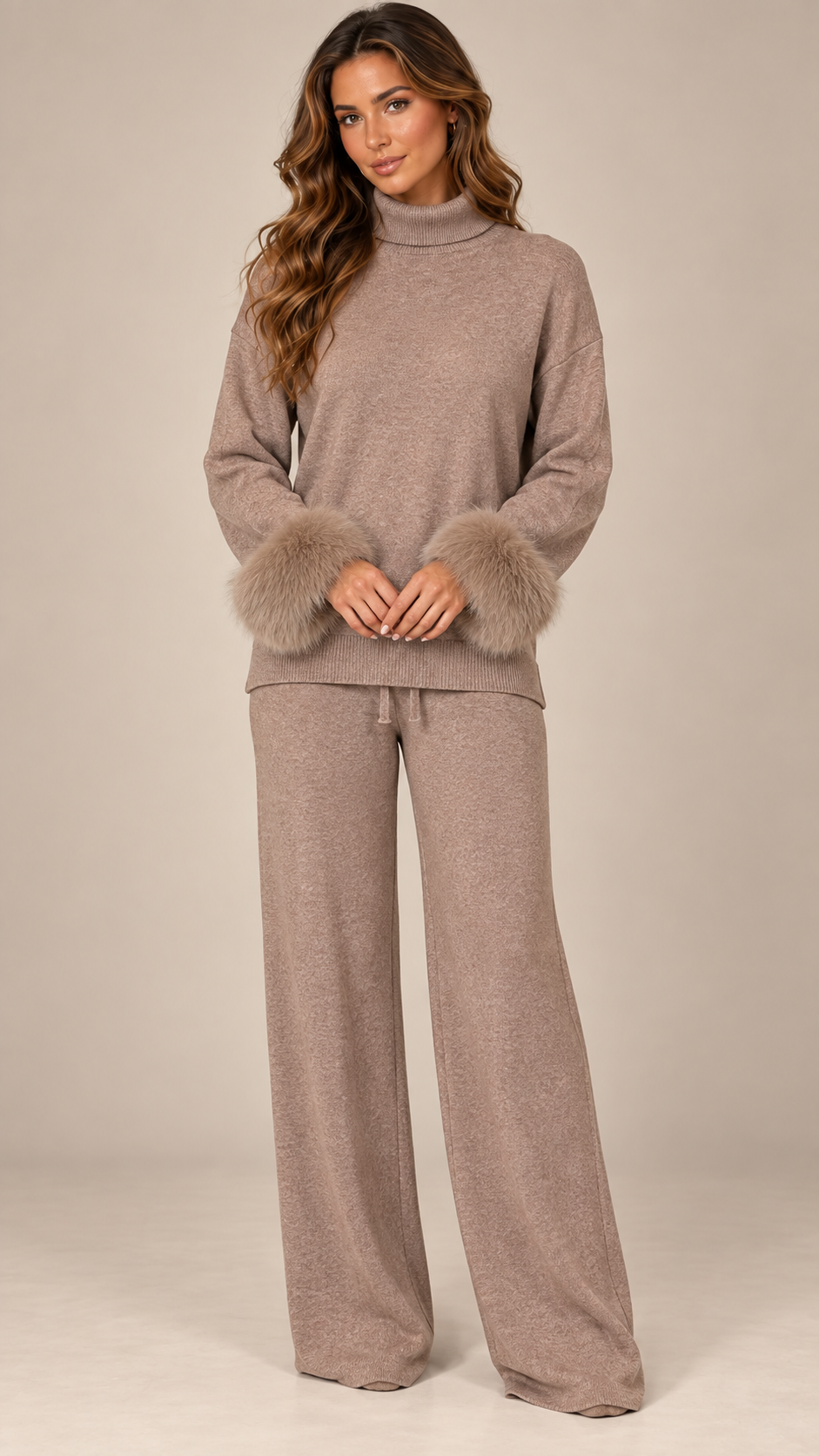 Noor Fur-Pom Knit Set — Taupe model front