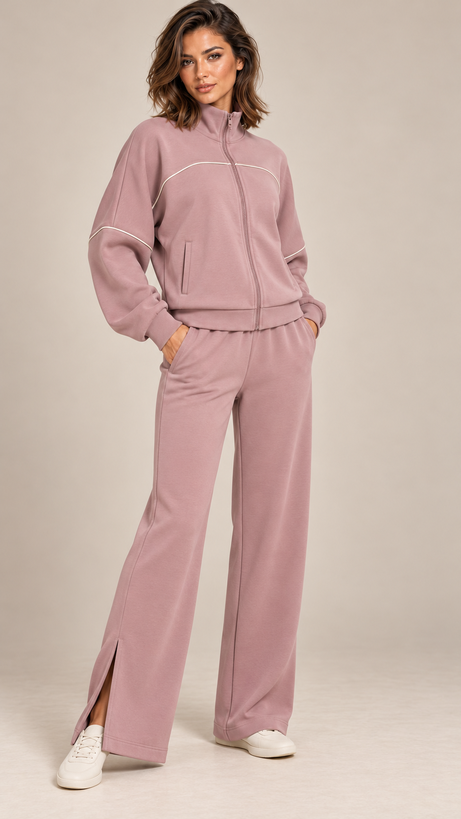 Saoirse Split-Hem Track Set — Twilight Rose model front