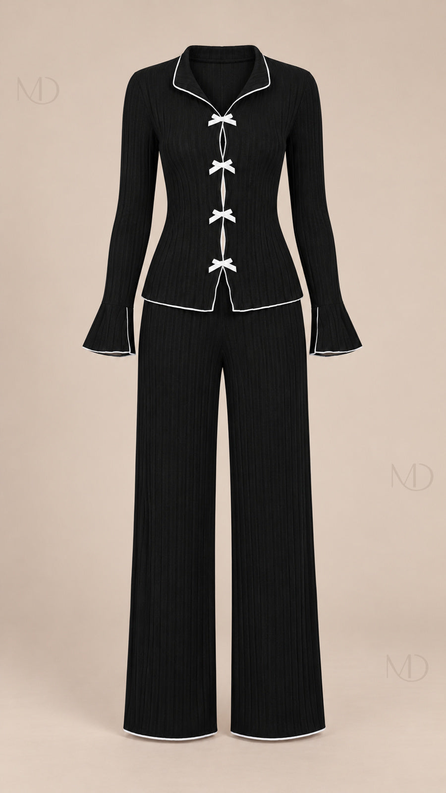 Vera Ribbed Bow Pajama Set black mannequin front