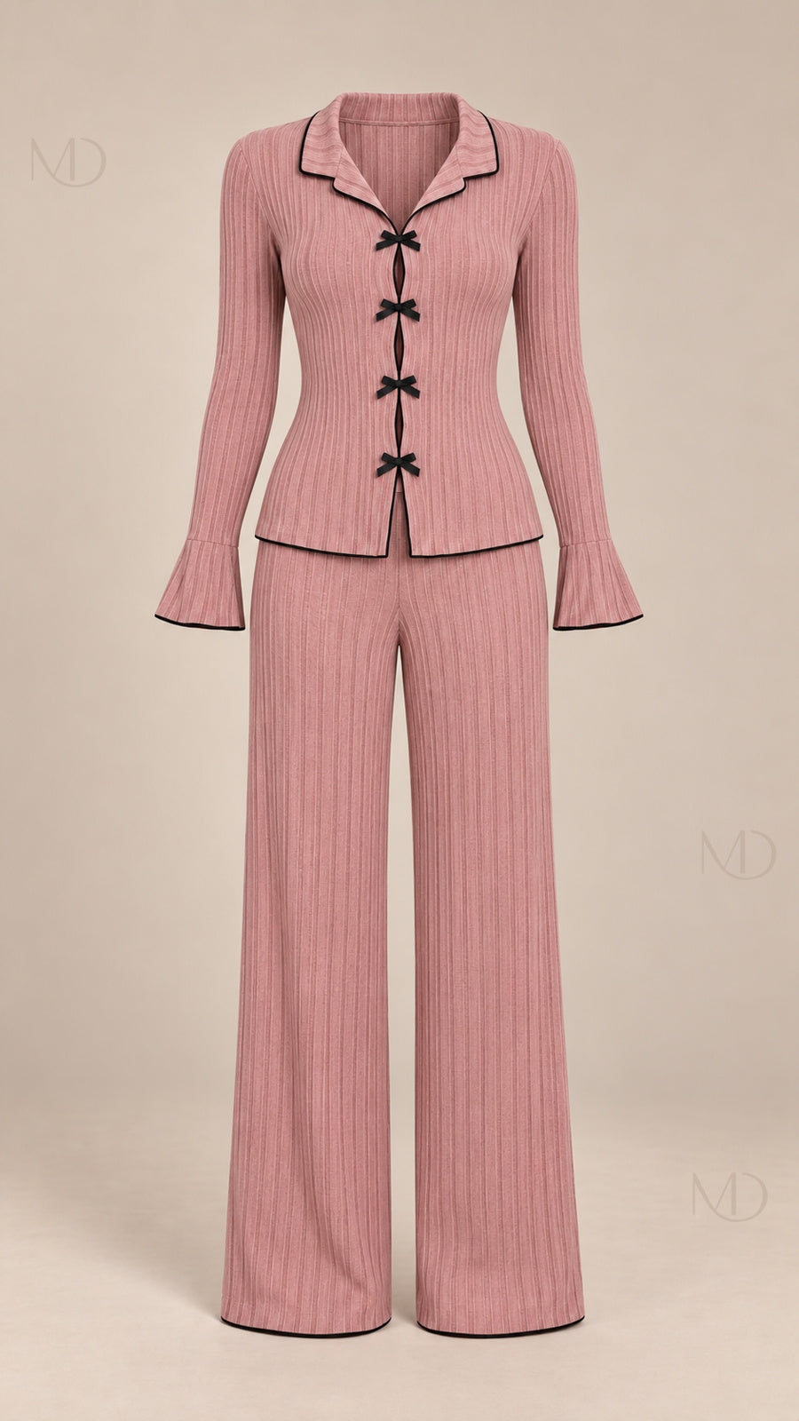 Vera Ribbed Bow Pajama Set dusty rose mannequin front