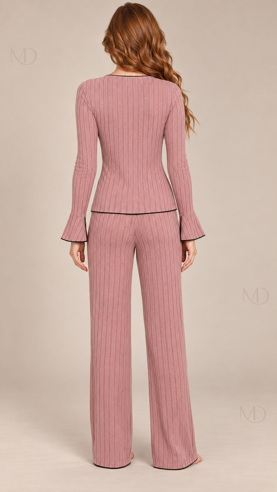 Vera Ribbed Bow Pajama Set dusty rose model back