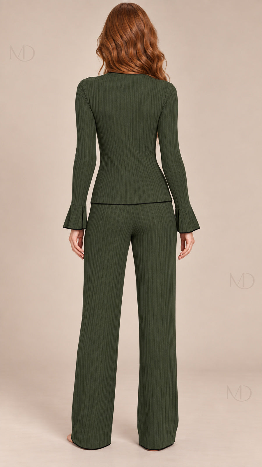 Vera Ribbed Bow Pajama Set green model back