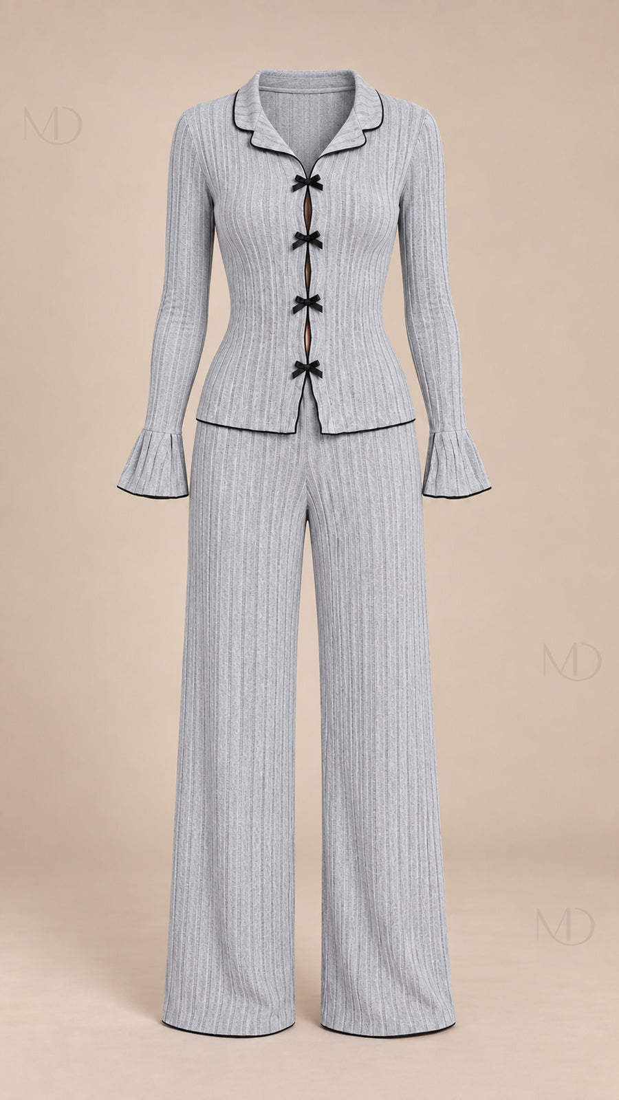 Vera Ribbed Bow Pajama Set grey mannequin front